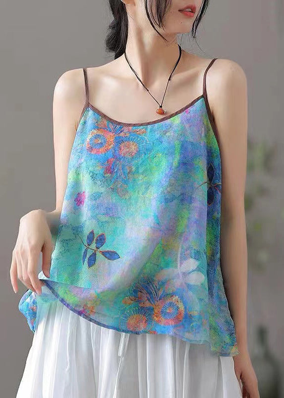 New Blue O Neck Print Cotton Spaghetti Strap Tank Sleeveless