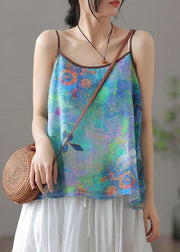 New Blue O Neck Print Cotton Spaghetti Strap Tank Sleeveless