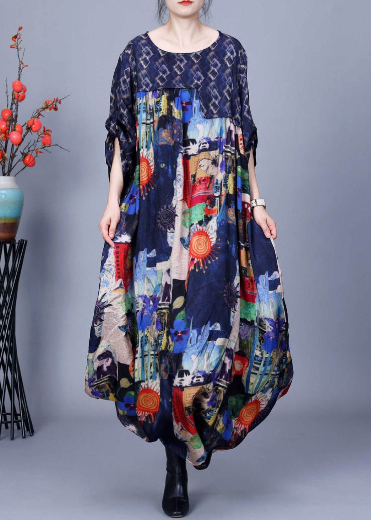 New Blue O Neck Print Patchwork Silk Maxi Dresses Bracelet Sleeve