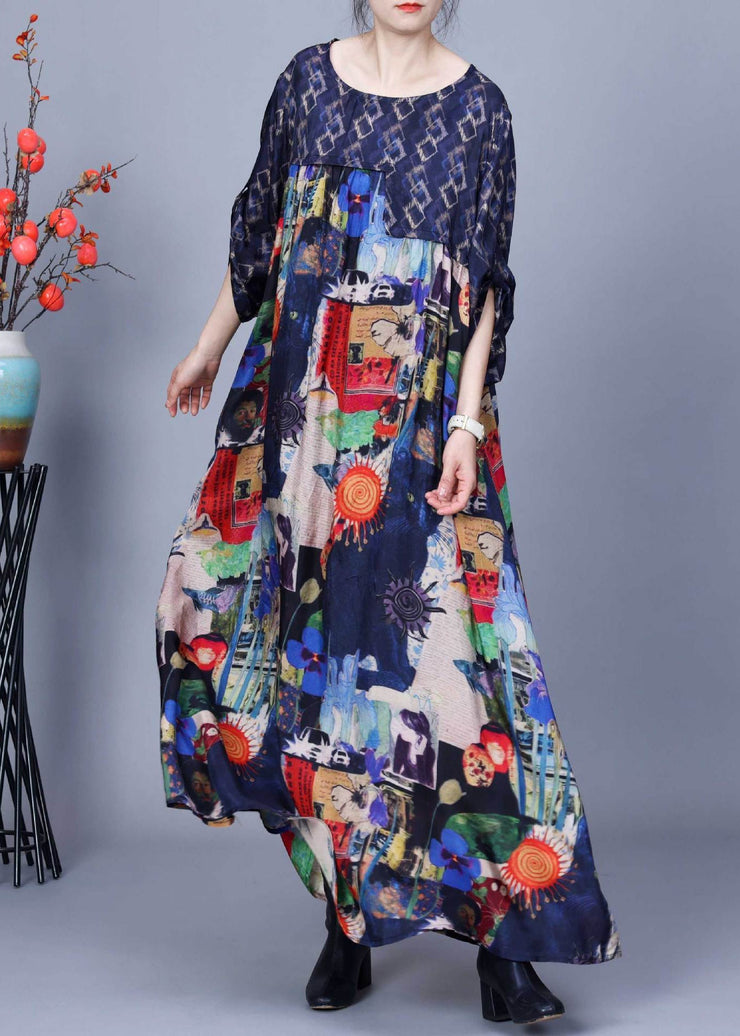 New Blue O Neck Print Patchwork Silk Maxi Dresses Bracelet Sleeve