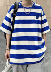 New Blue O Neck Striped Cotton Men's Grunt Style T Shirts Summer