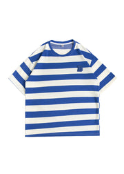 New Blue O Neck Striped Cotton Men's Grunt Style T Shirts Summer