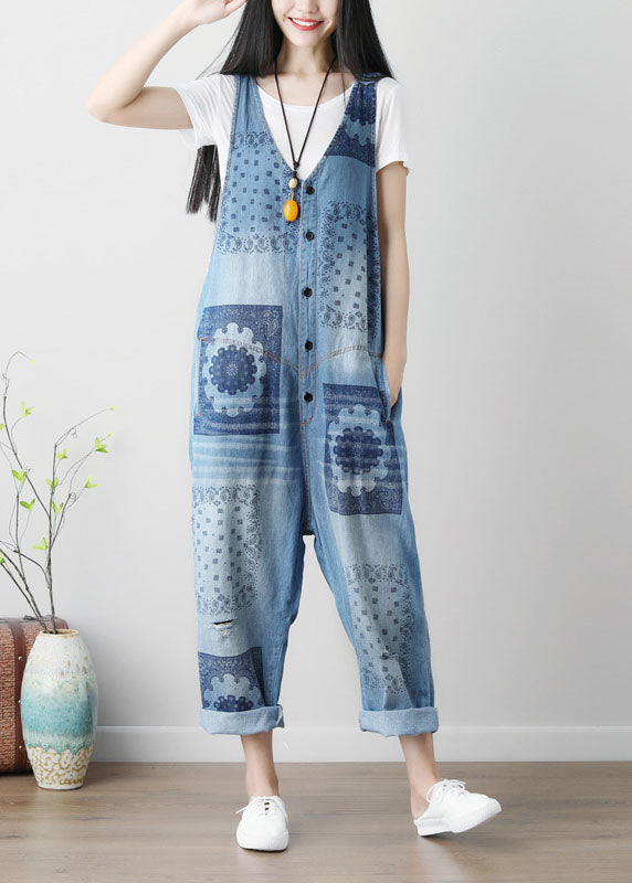 New Blue Patchwork Print Denim Jumpsuit Pants Sleeveless