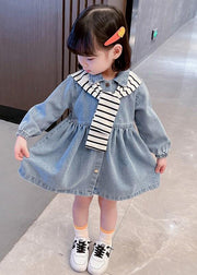 New Blue Peter Pan Collar Button Denim Girls Dresses Fall