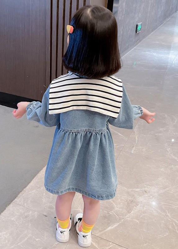 New Blue Peter Pan Collar Button Denim Girls Dresses Fall