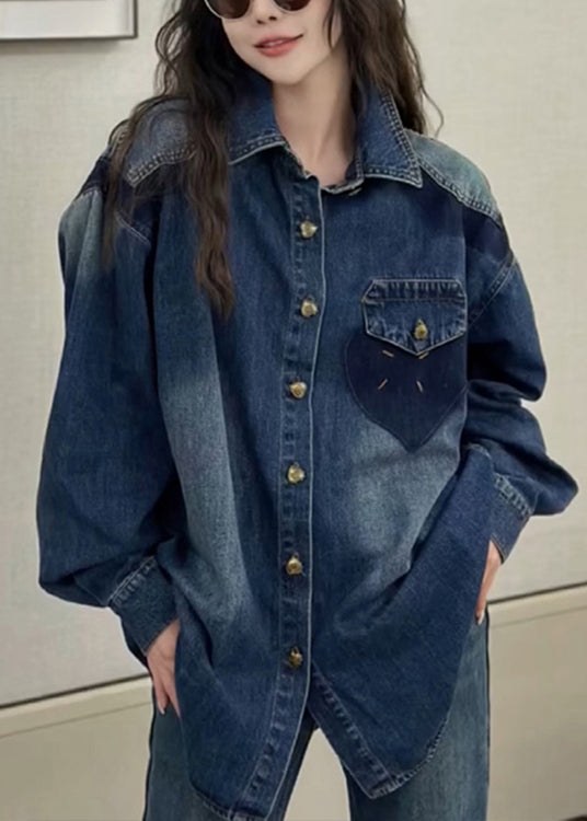 New Blue Peter Pan Collar Button Denim Shirts Coats Long Sleeve