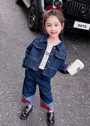 New Blue Peter Pan Collar Patchwork Denim Kids Girls Two Piece Suit Set Fall