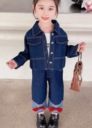 New Blue Peter Pan Collar Patchwork Denim Kids Girls Two Piece Suit Set Fall