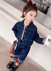 New Blue Peter Pan Collar Patchwork Denim Kids Girls Two Piece Suit Set Fall