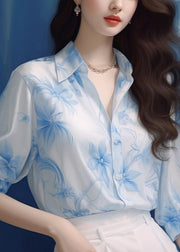 New Blue Peter Pan Collar Print Chiffon Shirt Half Sleeved