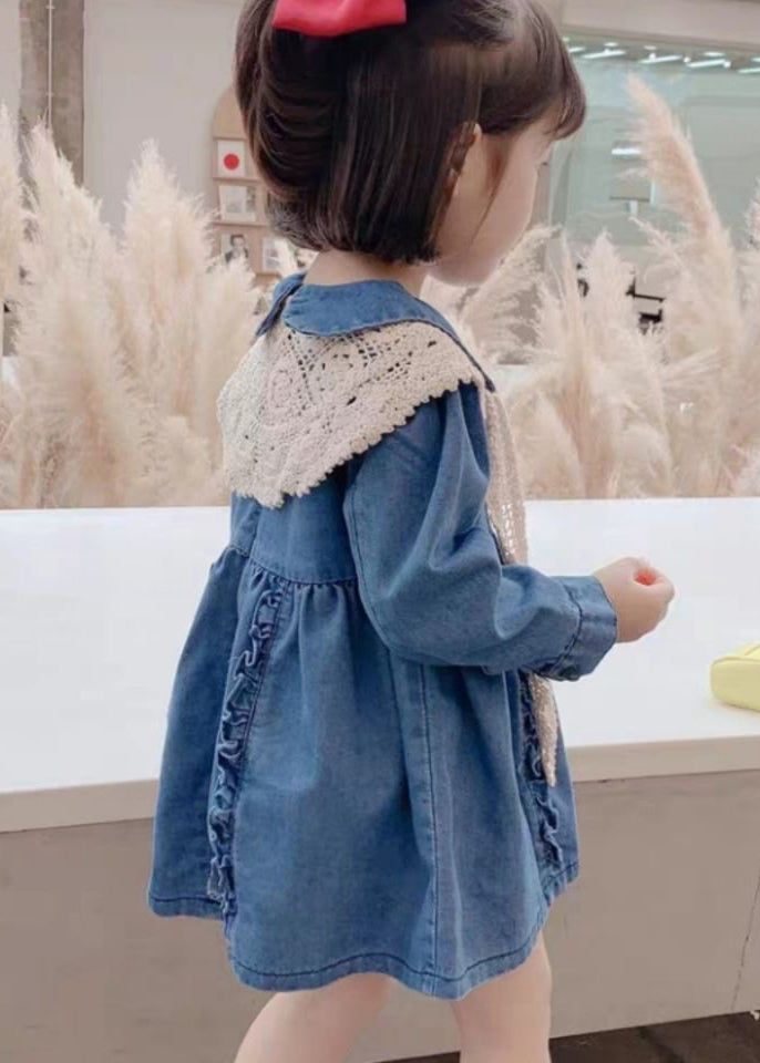 New Blue Peter Pan Collar Ruffled Denim Girls Mid Dresses Long Sleeve