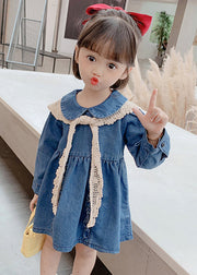 New Blue Peter Pan Collar Ruffled Denim Girls Mid Dresses Long Sleeve