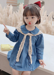 New Blue Peter Pan Collar Ruffled Denim Girls Mid Dresses Long Sleeve