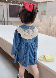 New Blue Peter Pan Collar Ruffled Denim Girls Mid Dresses Long Sleeve