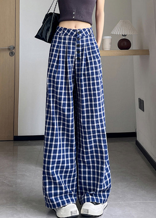 New Blue Plaid High Waist Cotton Wide Leg Pants Fall