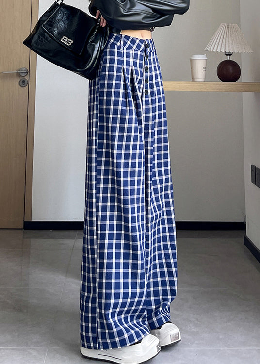 New Blue Plaid High Waist Cotton Wide Leg Pants Fall