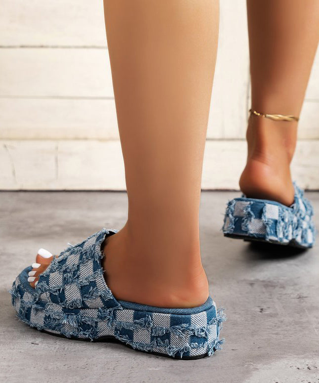 New Blue Platform Bottom Denim Tassel Checkered Slide Sandals