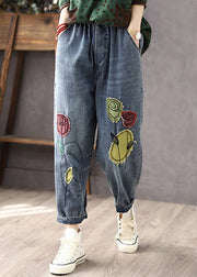 New Blue Pockets Elastic Waist Patchwork Jeans Spring