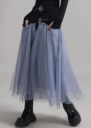 New Blue Pockets Elastic Waist Patchwork Tulle Skirt Summer