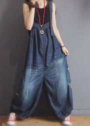 New Blue Pockets Hole Denim Jumpsuit Sleeveless