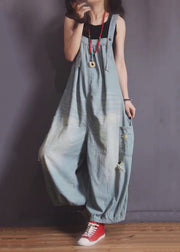 New Blue Pockets Hole Denim Jumpsuit Sleeveless