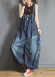 New Blue Pockets Hole Denim Jumpsuit Sleeveless