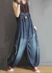 New Blue Pockets Hole Denim Jumpsuit Sleeveless