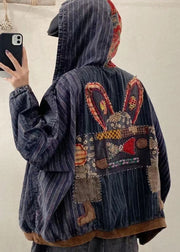 New Blue Pockets Print Patchwork Denim Hooded Coat Fall