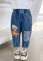 New Blue Print Pockets Elastic Waist Denim Girls Crop Pants Spring