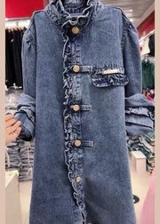 New Blue Ruffled Button Denim Coats Long Sleeve