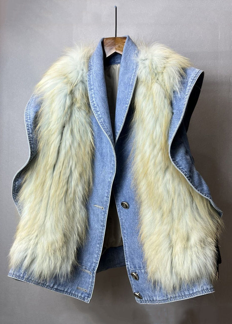 New Blue Ruffled Fuzzy Fur Fluffy Patchwork Denim Waistcoat Sleeveless