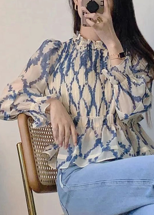 New Blue Ruffled Print Chiffon Blouses Long Sleeve