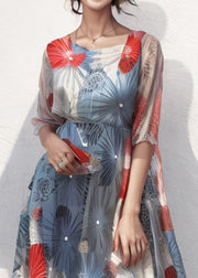 New Blue Square Collar Print Silk Dresses Summer