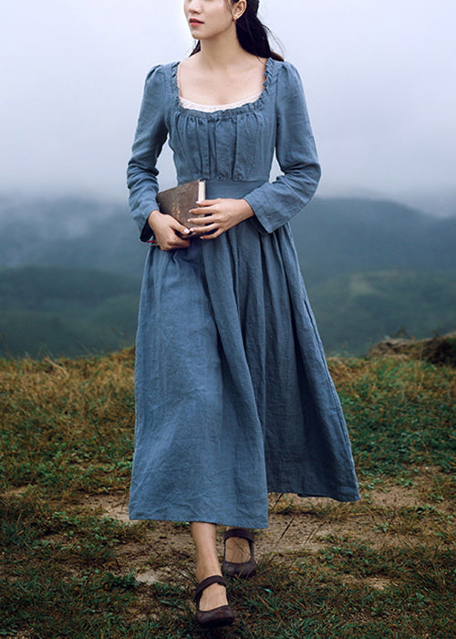 New Blue Square Collar Ruffled Linen Long Dresses Long Sleeve