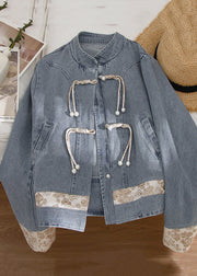 New Blue Stand Collar Button Patchwork Denim Coats Long Sleeve