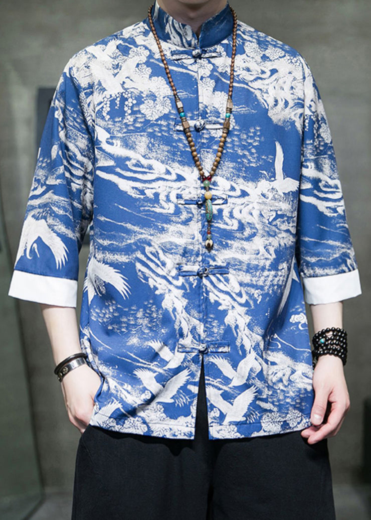 New Blue Stand Collar Print Ice Silk Men&