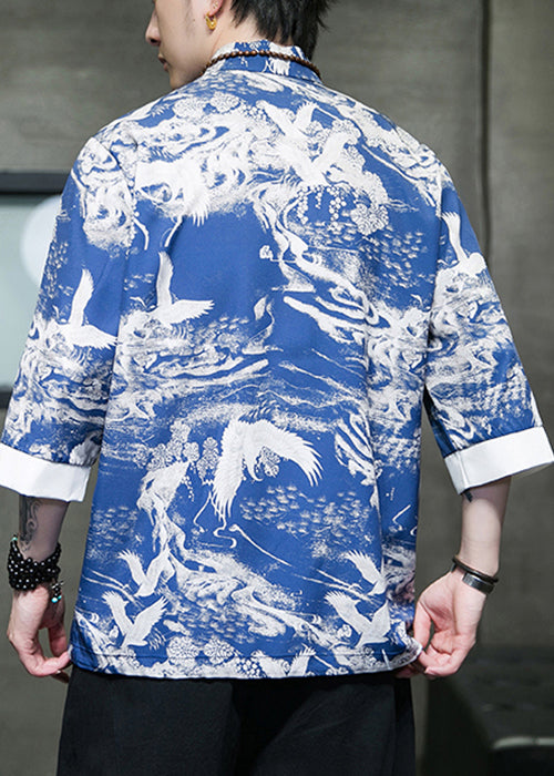 New Blue Stand Collar Print Ice Silk Men&