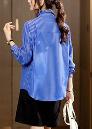 New Blue Striped Button Patchwork Cotton Shirts Long Sleeve