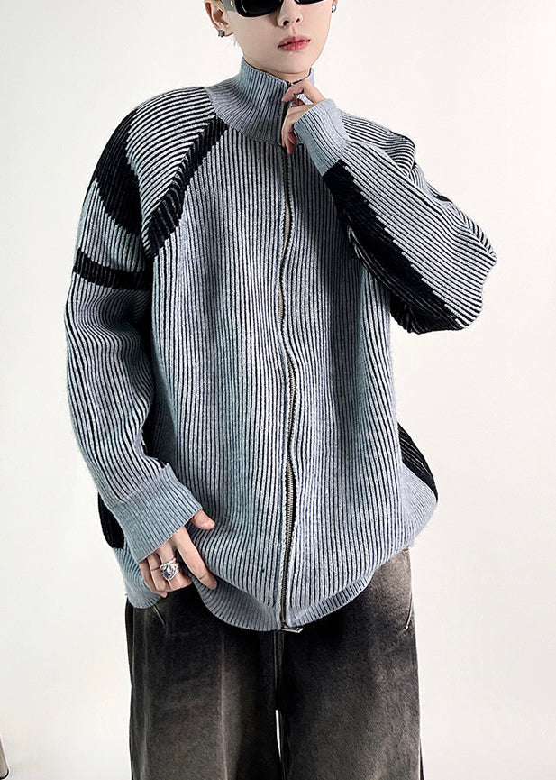 New Blue Striped Zip Up Knit Men Coat Fall