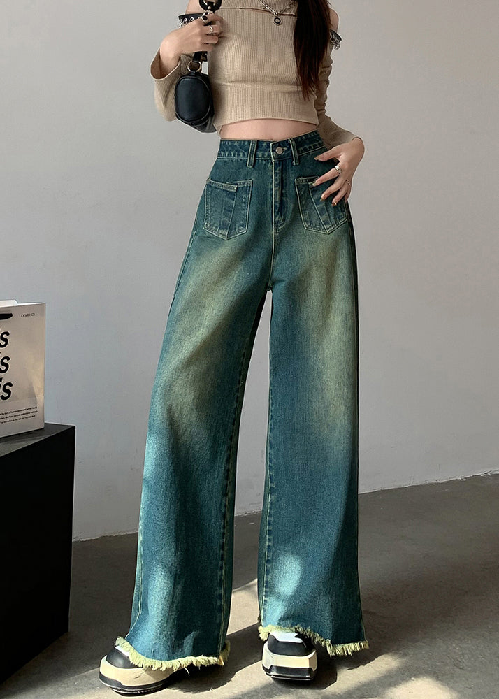 New Blue Tasseled High Waist Denim Wide Leg Pants