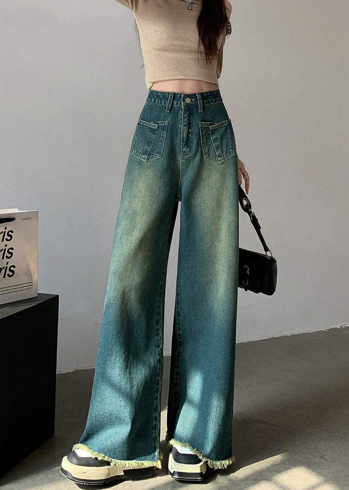 New Blue Tasseled High Waist Denim Wide Leg Pants