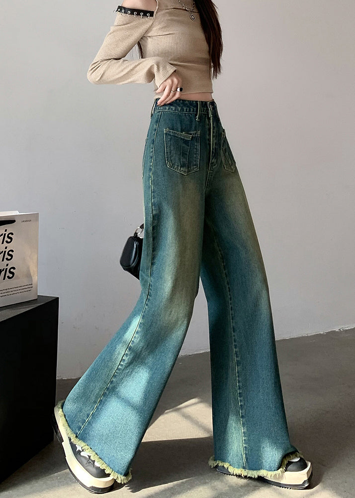 New Blue Tasseled High Waist Denim Wide Leg Pants