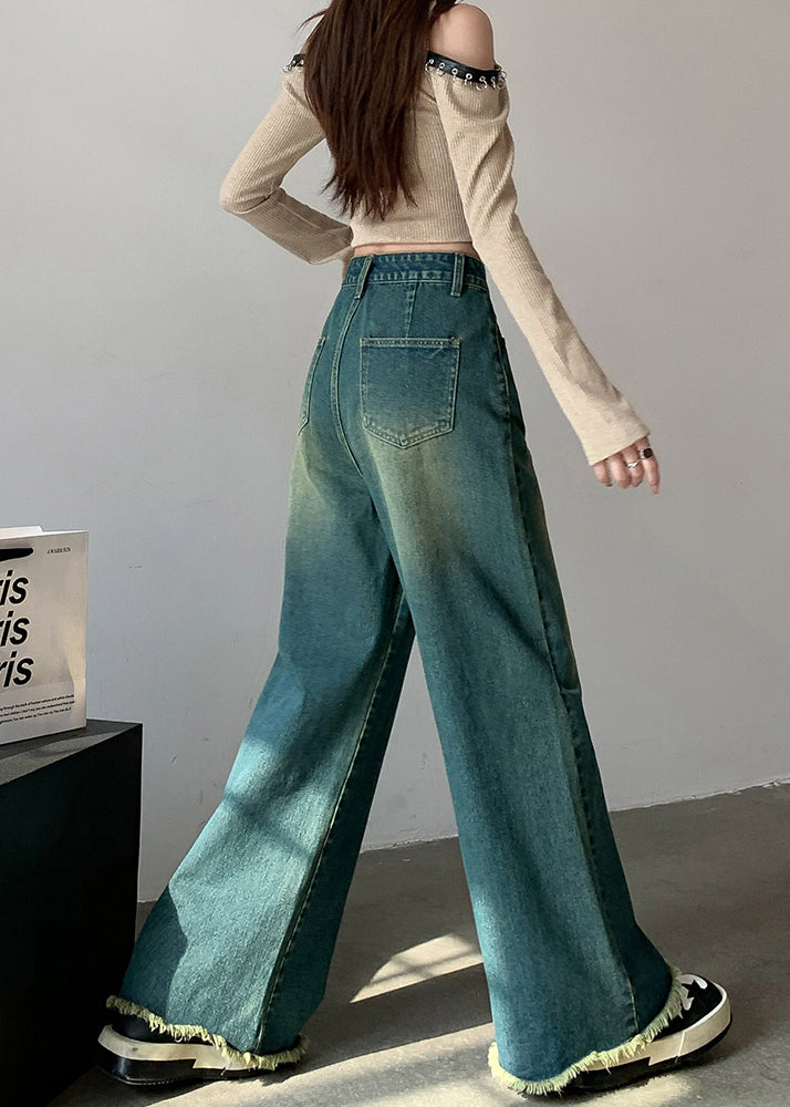 New Blue Tasseled High Waist Denim Wide Leg Pants