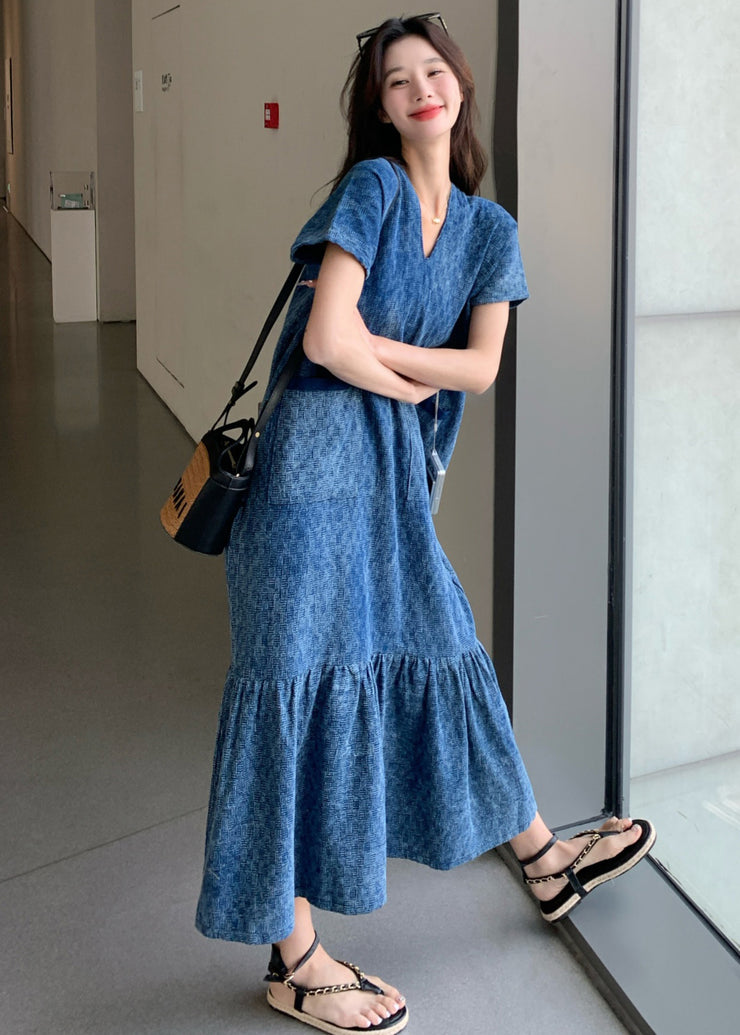 New Blue V Neck Pockets Denim Long Dress Summer