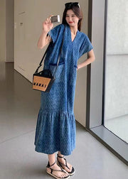 New Blue V Neck Pockets Denim Long Dress Summer