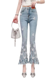 New Blue Zircon Pockets High Waist Denim Crop Pants Spring