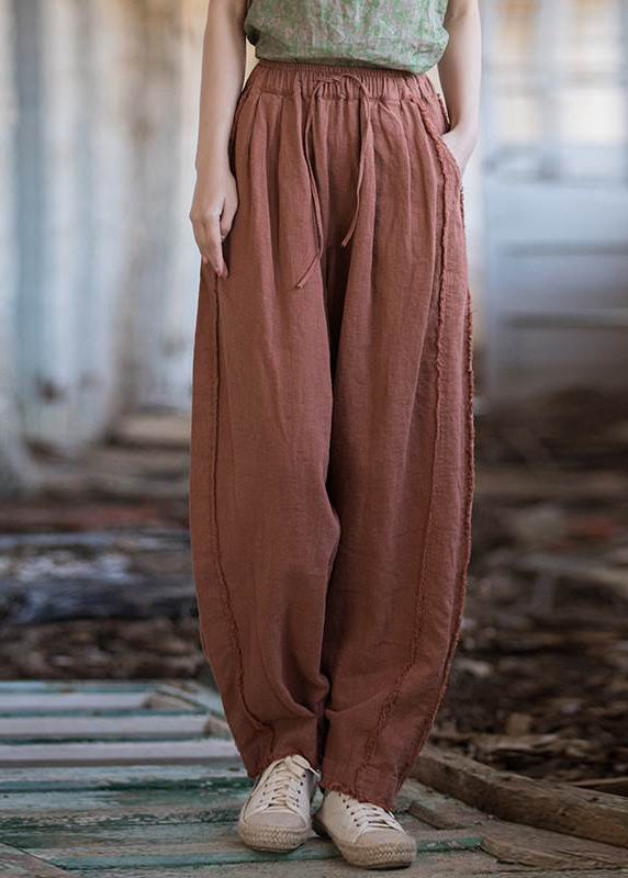 New Brick Red Pockets Drawstring Linen Pants Summer