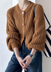 New Brown O Neck Hollow Out Cotton Knit Cardigan Fall