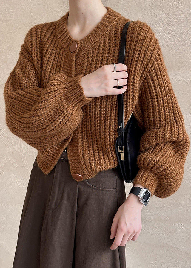 New Brown O Neck Hollow Out Cotton Knit Cardigan Fall