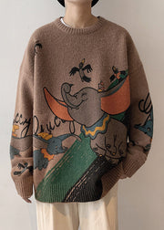 New Brown O Neck Print Patchwork Cotton Knit Male Sweater Fall